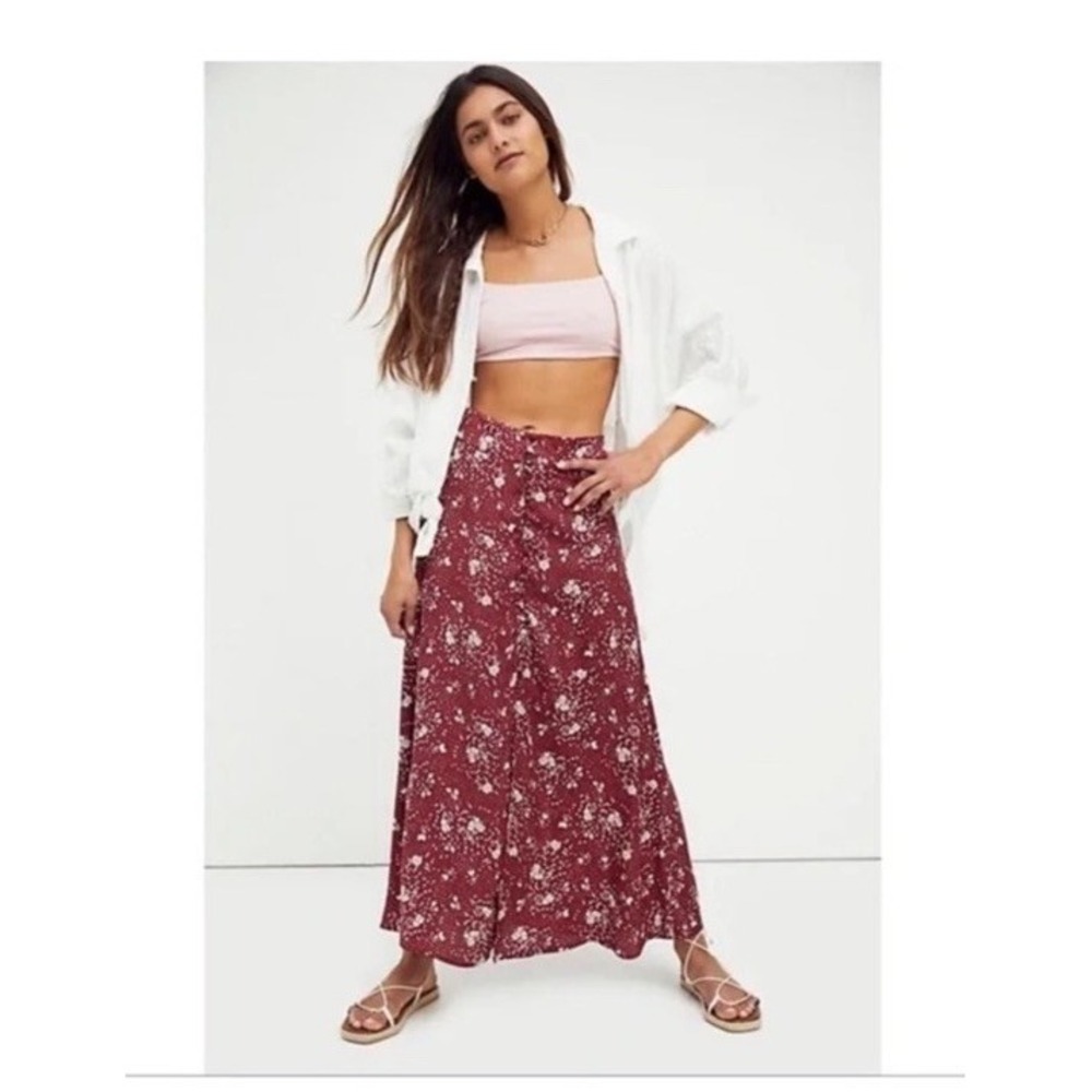 Free People Sammy Button-Down Skirt Cranberry Floral Size 10 Boho